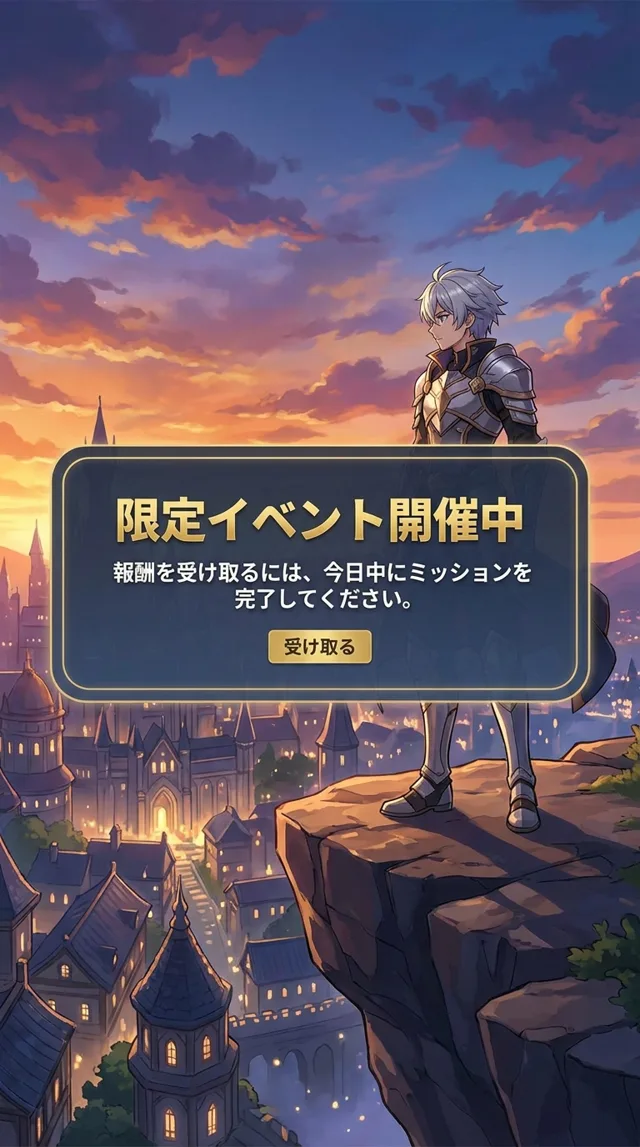 Japanese game event notice on an anime RPG screen